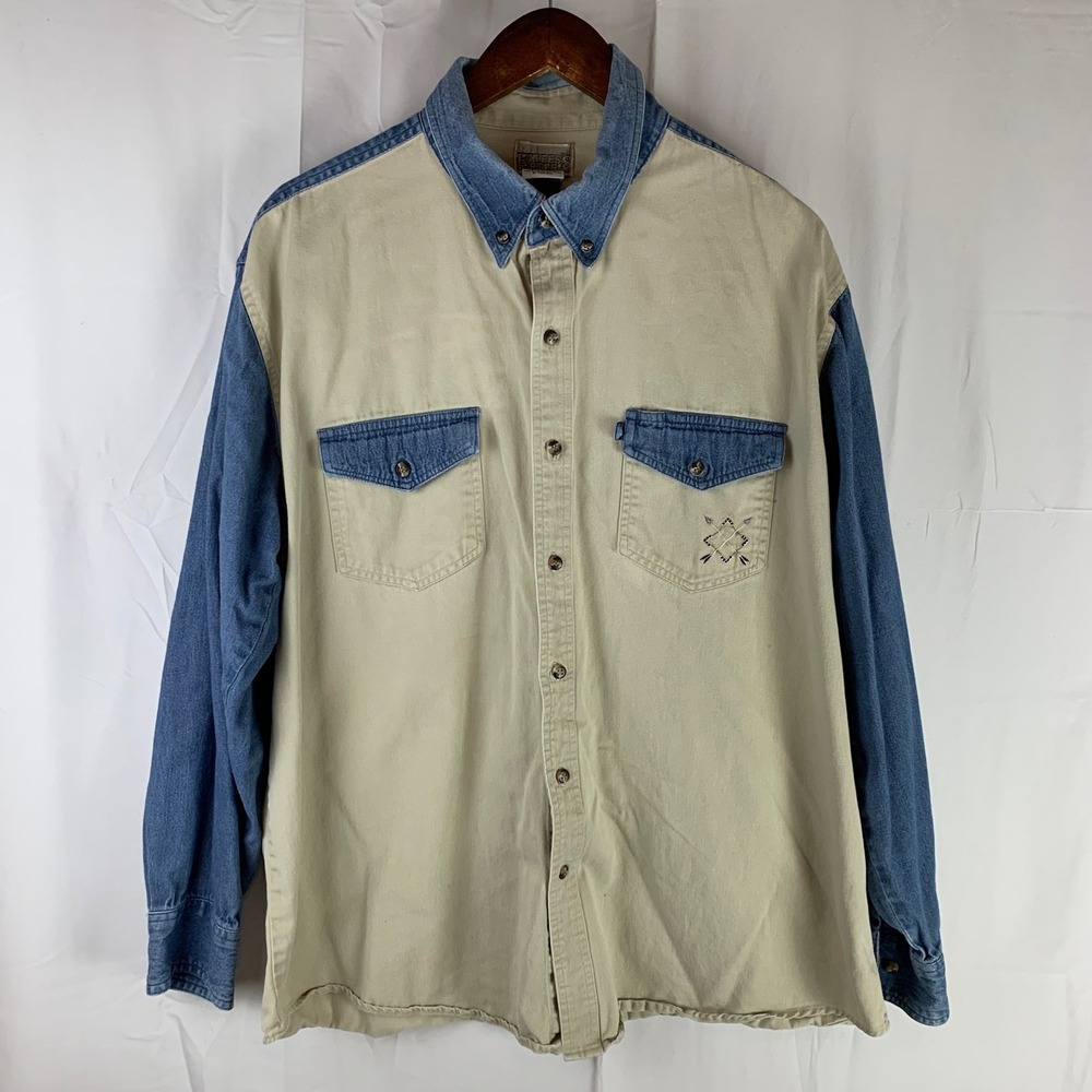 Express Rider Button Down‎ Shirt Mens XL Tan Blue Color Block Denim Twill